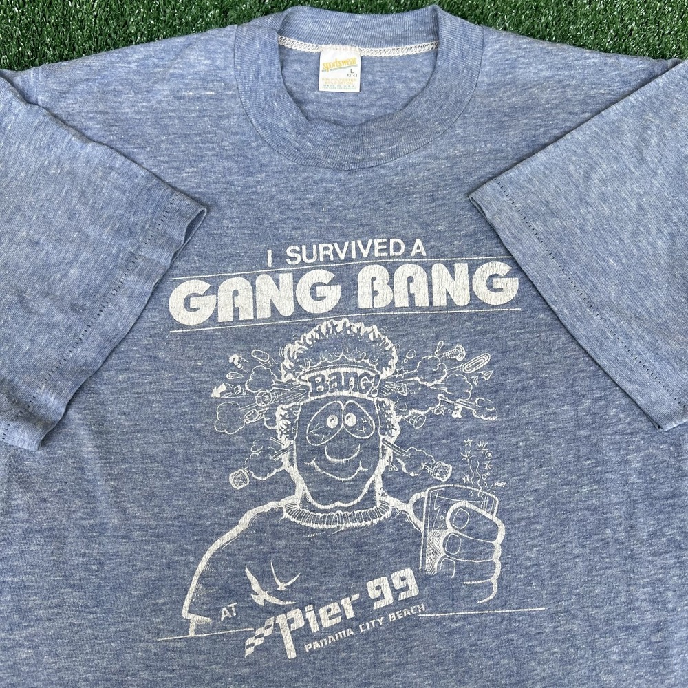 Vintage 80s Funny Sexual Joke Quote I Survived a Gang Bang Blue T-Shirt Medium - Picture 1 of 7